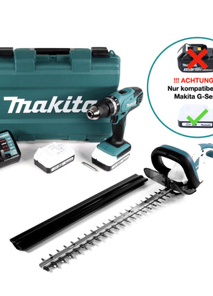 Makita HP 457 DWE perceuse à percussion sans fil série G 18 V 42 Nm en coffret + taille-haie sans fil UH 522 DZ 52 cm + 2x batteries 1,5 Ah + chargeur