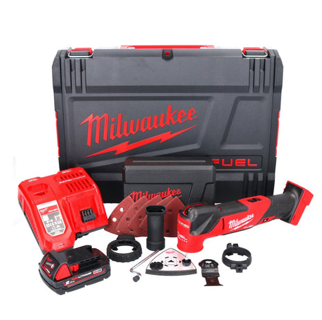 Milwaukee M18 FMT-201X outil multifonction à batterie FUEL 18 V sans balais + 1x batterie 2,0 Ah + chargeur + jeu d'accessoires 7 pièces + boîtier HD