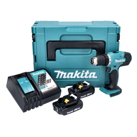 Makita DDF 453 RAJ taladro atornillador inalámbrico 18 V 42 Nm + 2x baterías 2,0 Ah + cargador + Makpac