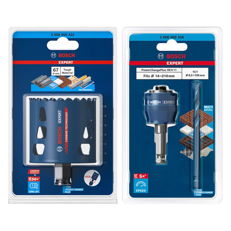 Bosch EXPERT Juego básico de sierra perforadora para materiales resistentes, 67 x 60 mm, carburo (2608900432), universal + adaptador de cambio de corriente (2608900526)