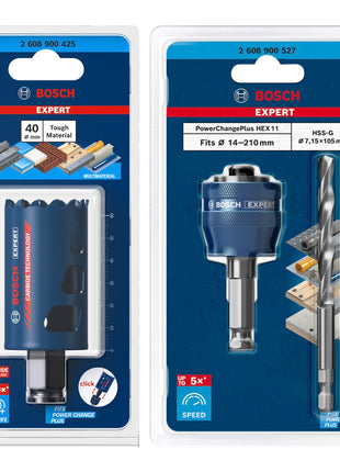 Bosch EXPERT Tough Material Lochsägen Starter Set 40 x 60 mm Carbide ( 2608900425 ) Universal + Power Change Adapter ( 2608900527 )