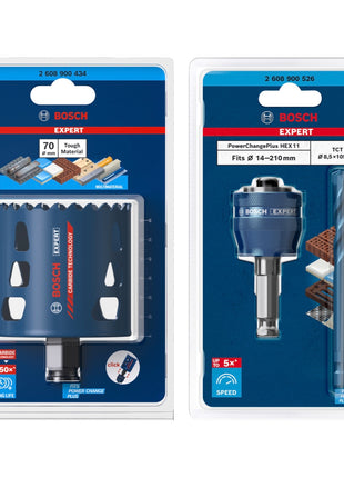 Bosch EXPERT Tough Material Lochsägen Starter Set 70 x 60 mm Carbide ( 2608900434 ) Universal + Power Change Adapter ( 2608900526 )