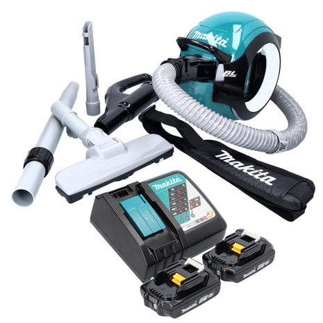 Aspirador de batería Makita DCL 501 RA 18 V sin escobillas + 2x baterías 2,0 Ah + cargador + accesorios