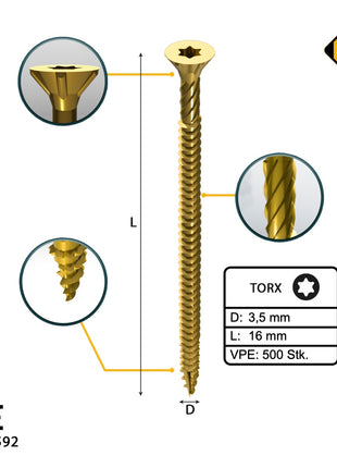 FORTE Tools tornillo universal para madera 3,5 x 16 mm T15 500 piezas (000051399465) cabeza avellanada Torx galvanizada amarilla rosca completa