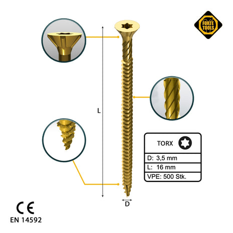 FORTE Tools tornillo universal para madera 3,5 x 16 mm T15 500 piezas (000051399465) cabeza avellanada Torx galvanizada amarilla rosca completa