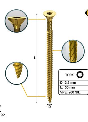 FORTE Tools Tornillo universal para madera 3,5 x 30 mm T15 200 piezas (000051399468) cabeza avellanada Torx galvanizada amarilla rosca completa