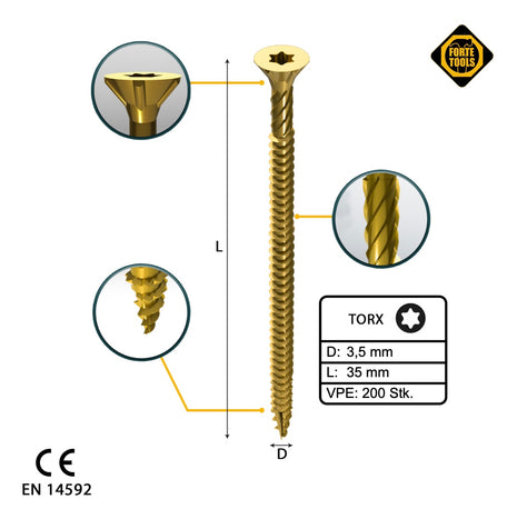 FORTE Tools Vis à bois universelle 3,5 x 35 mm T15, Galvanisée jaune, Tête fraisée Torx, Filetage total, 200 pcs. (000051399469)