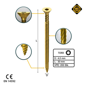 FORTE Tools Universal Holzschraube 4,0 x 30 mm T20 200 Stk. ( 000051399473 ) gelb verzinkt Torx Senkkopf Vollgewinde