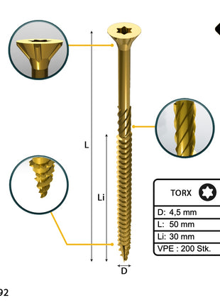 FORTE Tools Tornillo universal para madera 4,5 x 50 mm T20 200 piezas (000051399479) cabeza avellanada Torx galvanizada amarilla rosca parcial