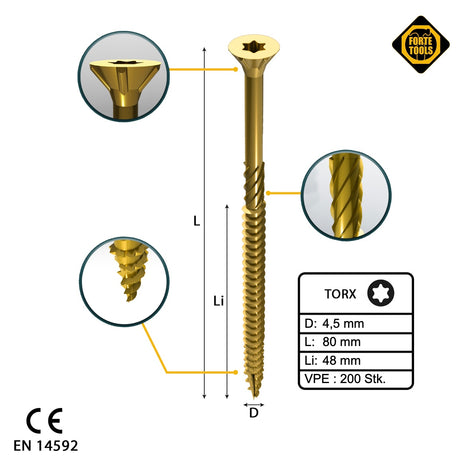 FORTE Tools Vis à bois universelle 4,5 x 80 mm T20, Galvanisée jaune, Tête fraisée Torx, Filetage partiel, 200 pcs. (000051399482)