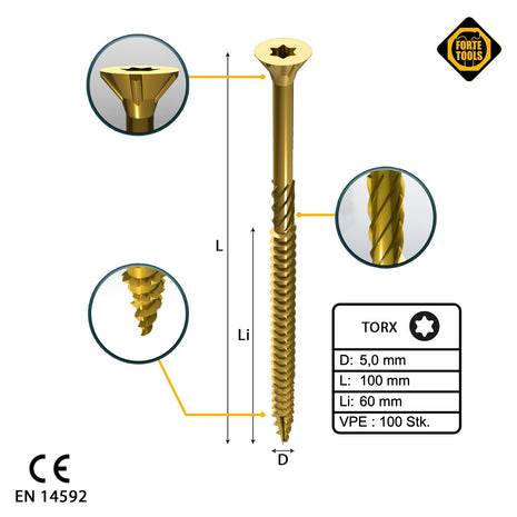 FORTE Tools Vis à bois universelle 5,0 x 100 mm T25, Tête fraisée Torx, Filetage partiel, zingué jaune, 100 pcs. (000051399483)