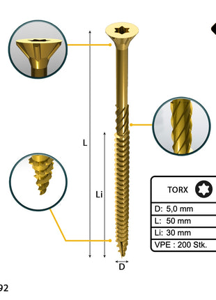 FORTE Tools Tornillo universal para madera 5,0 x 50 mm T25 200 piezas (000051399486) rosca parcial Torx cabeza avellanada galvanizada amarilla