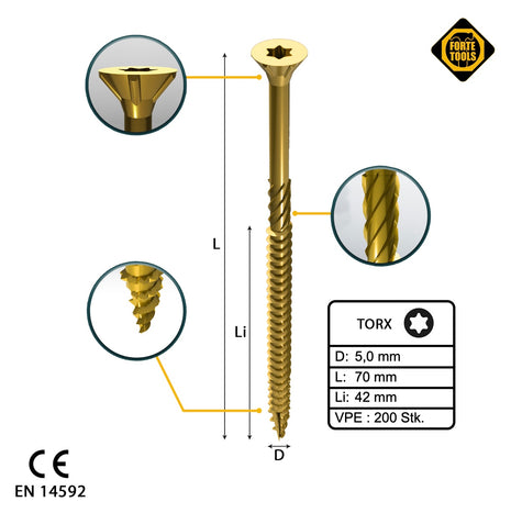 FORTE Tools Vis à bois universelle 5,0 x 70 mm T25, Galvanisée jaune, Tête fraisée Torx, Filetage partiel, 200 pcs. (000051399488)