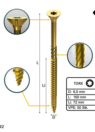 FORTE Tools Vis à bois universelle 6,0 x 160 mm T30 50 pièces (000051399499) tête fraisée Torx galvanisée jaune filetage partiel