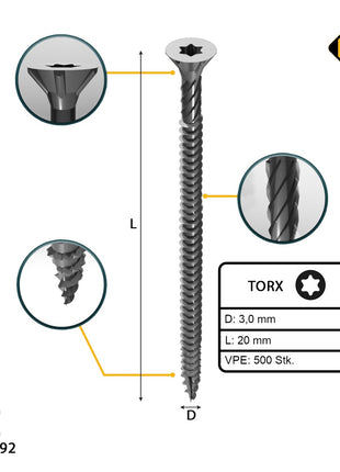 FORTE Tools tornillo universal para madera 3,0 x 20 mm T10 500 piezas (000040113857) galvanizado plateado cabeza avellanada Torx rosca completa