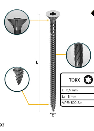 FORTE Tools Universal Holzschraube 3,5 x 16 mm T15 500 Stk. ( 000040113860 ) silber verzinkt Torx Senkkopf Vollgewinde - Toolbrothers