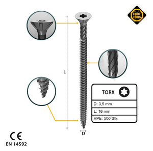FORTE Tools Universal Holzschraube 3,5 x 16 mm T15 500 Stk. ( 000040113860 ) silber verzinkt Torx Senkkopf Vollgewinde