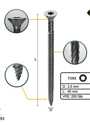 FORTE Tools tornillo universal para madera 3,5 x 40 mm T15 200 piezas (000040113865) galvanizado plateado cabeza avellanada Torx rosca completa