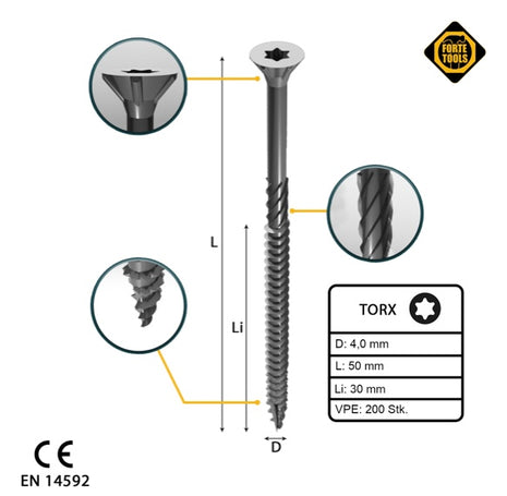 FORTE Tools Vis à bois universelle 4,0 x 50 mm T20 - 200 pièces (000040113870) zingué argent Torx tête fraisée filetage partiel