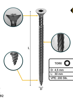 FORTE Tools Universal Holzschraube 4,5 x 30 mm T20 200 Stk. ( 000040113872 ) silber verzinkt Torx Senkkopf Vollgewinde - Toolbrothers