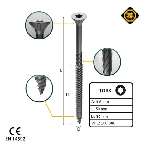 FORTE Tools tornillo universal para madera 4,5 x 50 mm T20 200 piezas (000040113874) rosca parcial Torx cabeza avellanada galvanizada plateada