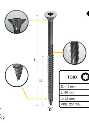 FORTE Tools tornillo universal para madera 4,5 x 60 mm T20 200 piezas (000040113875) galvanizado en plata Torx cabeza avellanada rosca parcial