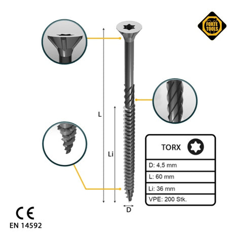 FORTE Tools tornillo universal para madera 4,5 x 60 mm T20 200 piezas (000040113875) galvanizado en plata Torx cabeza avellanada rosca parcial