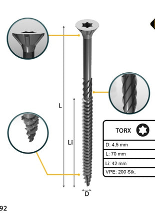 FORTE Tools Universal Holzschraube 4,5 x 70 mm T20 200 Stk. ( 000040113876 ) silber verzinkt Torx Senkkopf Teilgewinde