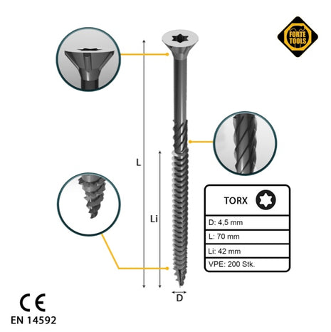 FORTE Tools Vis à bois universelle 4,5 x 70 mm T20, Argent galvanisé, Tête fraisée Torx, Filetage partiel, 200 pcs. (000040113876)