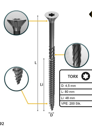 FORTE Tools Universal Holzschraube 4,5 x 80 mm T20 200 Stk. ( 000040113877 ) silber verzinkt Torx Senkkopf Teilgewinde