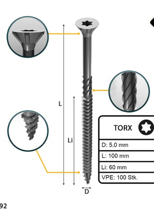 FORTE Tools Universal Holzschraube 5,0 x 100 mm T25 100 Stk. ( 000040113878 ) silber verzinkt Torx Senkkopf Teilgewinde