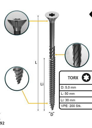 FORTE Tools Universal Holzschraube 5,0 x 50 mm T25 200 Stk. ( 000040113881 ) silber verzinkt Torx Senkkopf Teilgewinde