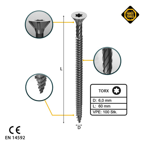 FORTE Tools Universal Holzschraube 6,0 x 60 mm T30 100 Stk. ( 000040113889 ) silber verzinkt Torx Senkkopf Vollgewinde - Toolbrothers