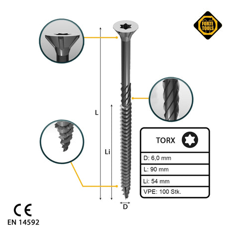 FORTE Tools Vis à bois universelle 6,0 x 90 mm T30, Argent galvanisé, Tête fraisée Torx, Filetage partiel, 100 pcs. (000040113892)