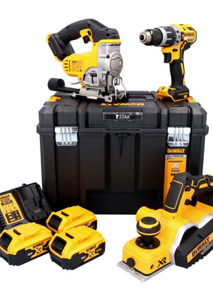 DeWalt Akku Combo Kit 18 V DCD 796 Schlagbohrschrauber + DCS 331 Stichsäge + DCP 580 Hobel + 3x Akku 5,0 Ah + Ladegerät + TSTAK