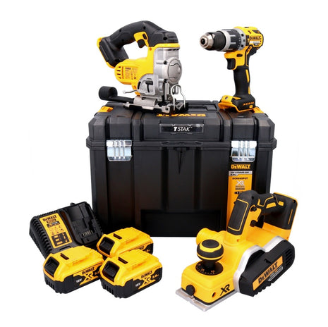 Kit combinado de batería DeWalt taladro percutor DCD 796 de 18 V + sierra de calar DCS 331 + cepilladora DCP 580 + 3x baterías 5,0 Ah + cargador + TSTAK