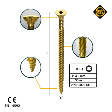 FORTE Tools Vis à bois universelle 3,0 x 30 mm T10 2000 pièces (4x 000051399464) tête fraisée Torx galvanisée jaune filetage complet