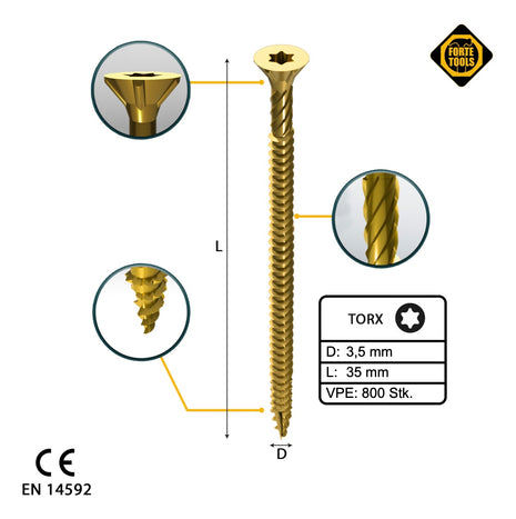 FORTE Tools Vis à bois universelle 3,5 x 35 mm T15, Galvanisée jaune, Tête fraisée Torx, Filetage total, 800 pcs. (4x 000051399469)