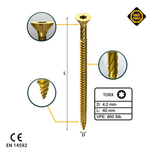 FORTE Tools Universal Holzschraube 4,0 x 40 mm T20 800 Stk. ( 4x 000051399474 ) gelb verzinkt Torx Senkkopf Vollgewinde