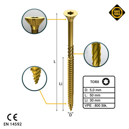 FORTE Tools Vis à bois universelle 5,0 x 50 mm T25 800 pièces (4x 000051399486) tête fraisée Torx galvanisée jaune filetage partiel