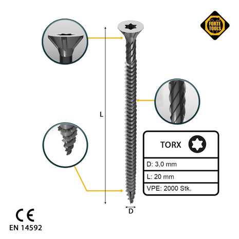 FORTE Tools Vis à bois universelle 3,0 x 20 mm T10, Argent galvanisé, Tête fraisée Torx, Filetage total, 2000 pcs. (4x 000040113857)