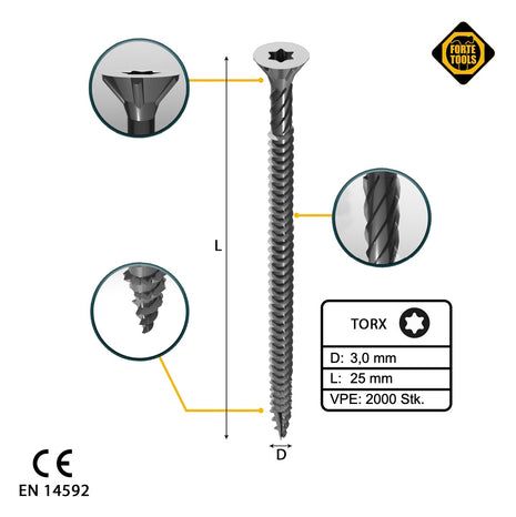 FORTE Tools Vis à bois universelle, 3,0 x 25 mm T10, Argent galvanisé, Tête fraisée Torx, Filetage total, 2000 pcs. (4x 000040113858)