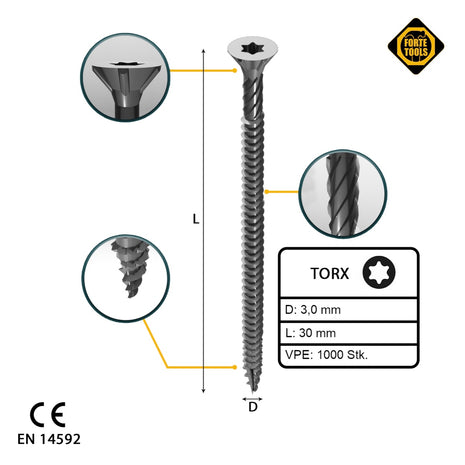 FORTE Tools Universal Holzschraube 3,0 x 30 mm T10 1000 Stk. ( 2x 000040113859 ) silber verzinkt Torx Senkkopf Vollgewinde - Toolbrothers