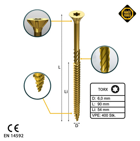 FORTE Tools Vis à bois universelle 6,0 x 90 mm T30, Galvanisée jaune, Tête fraisée Torx, Filetage partiel, 400 pcs. (4x 000051399497)