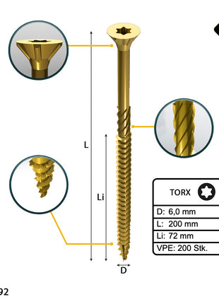 FORTE Tools Universal Holzschraube 6,0 x 200 mm T30 200 Stk. ( 4x 000051399501 ) gelb verzinkt Torx Senkkopf Teilgewinde