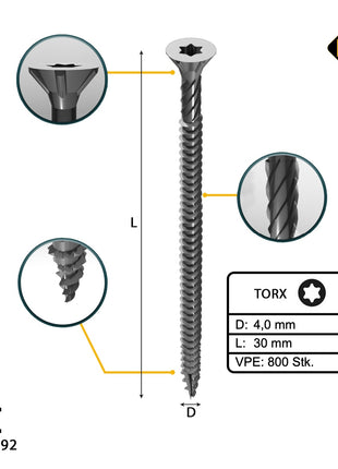 FORTE Tools Vis à bois universelle 4,0 x 30mm T20 - 800 pcs. (4x 000040113868)