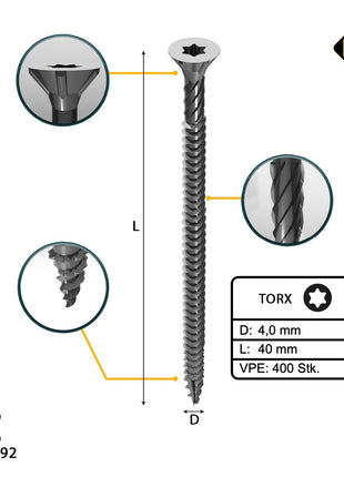 FORTE Tools Tornillo universal para madera 4,0 x 40 mm T20 400 piezas (2x 000040113869) galvanizado en plata Torx cabeza avellanada rosca completa