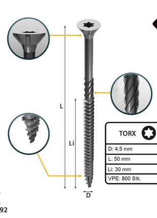 FORTE Tools tornillo universal para madera 4,5 x 50 mm T20 800 piezas (4x 000040113874) galvanizado en plata Torx cabeza avellanada rosca parcial