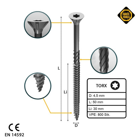 FORTE Tools tornillo universal para madera 4,5 x 50 mm T20 800 piezas (4x 000040113874) galvanizado en plata Torx cabeza avellanada rosca parcial