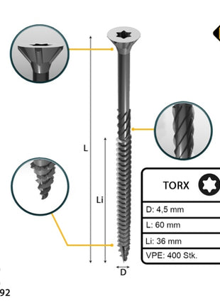 FORTE Tools Universal Holzschraube 4,5 x 60 mm T20 400 Stk. ( 2x 000040113875 ) silber verzinkt Torx Senkkopf Teilgewinde